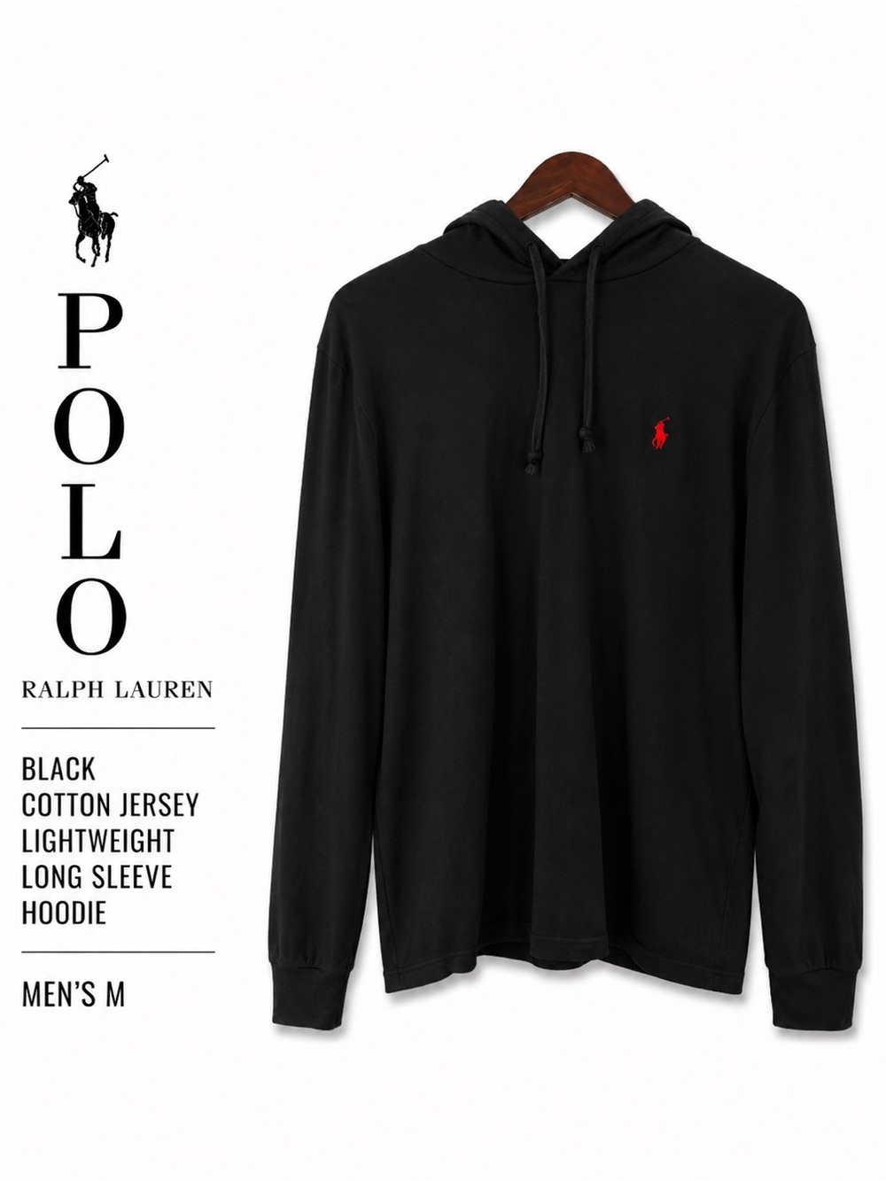 Polo Ralph Lauren Black Cotton Jersey Lightweight Long Sleeve Hoodie Men's M